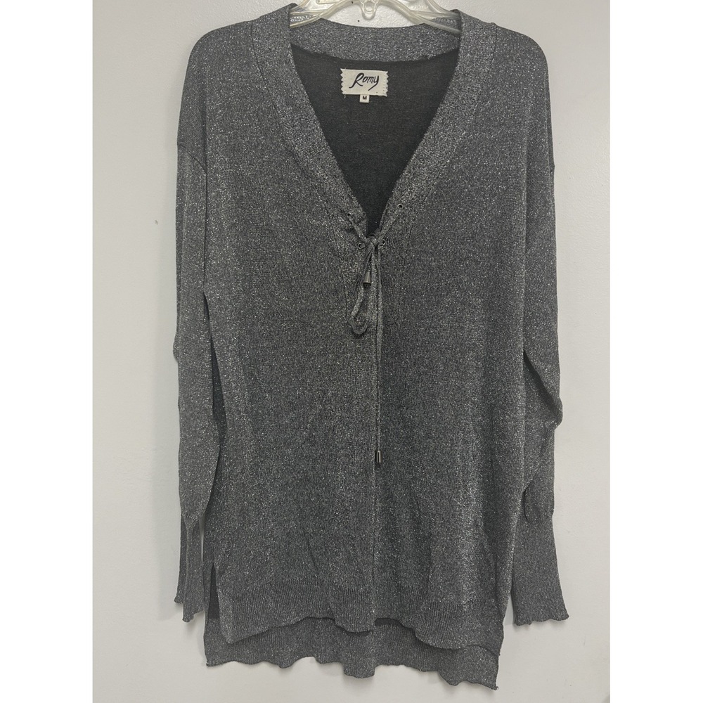 ROMY Silver Metallic Top Women Sz Medium V Neck Long Sleeve Longer Length Blouse